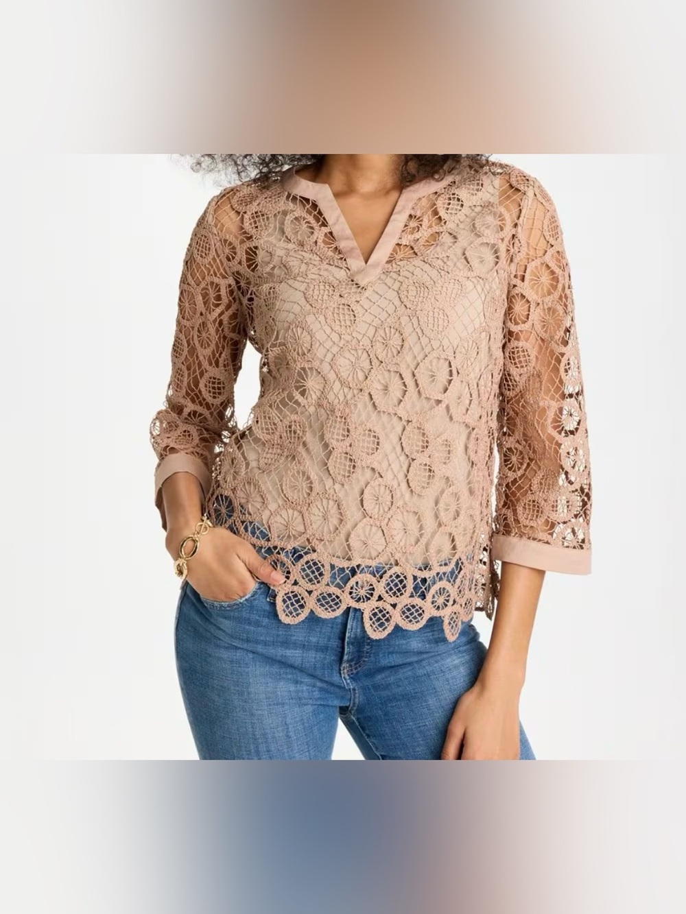 NWT Chico's Crochet 3/4 Sleeve Mixed Media Medallion Lace Top Mocha Tan SZ L